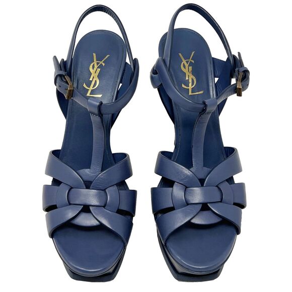 Saint Laurent Tribute Blue Leather Platform High Heels Sandals Size 38.5 - Picture 3 of 11